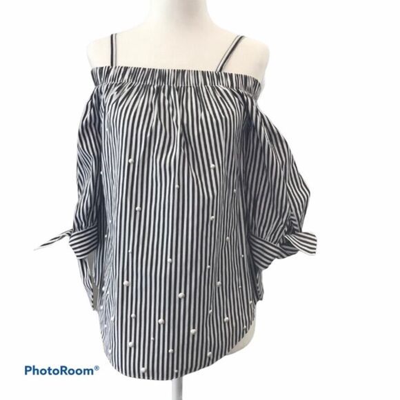 BCX Striped Pearl Off Shoulder Blouse Black White Stripes Size XS - Picture 2 of 8
